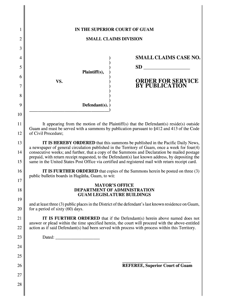 Small Claims Court Order for Service by Publication Order for Service by Publication Guamselfhelp  Form