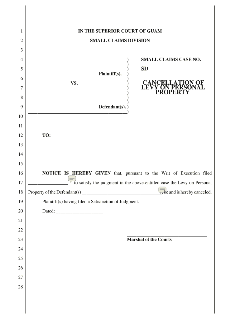 Small Claims Court Cancellation of Levy on Personal Property Cancellation of Levy on Personal Property Guamselfhelp  Form