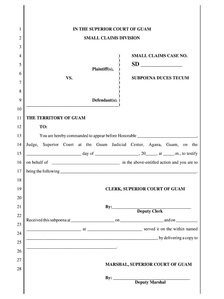 Small Claims Court Subpoena Duces Tecum Subpoena Duces Tecum Guamselfhelp  Form