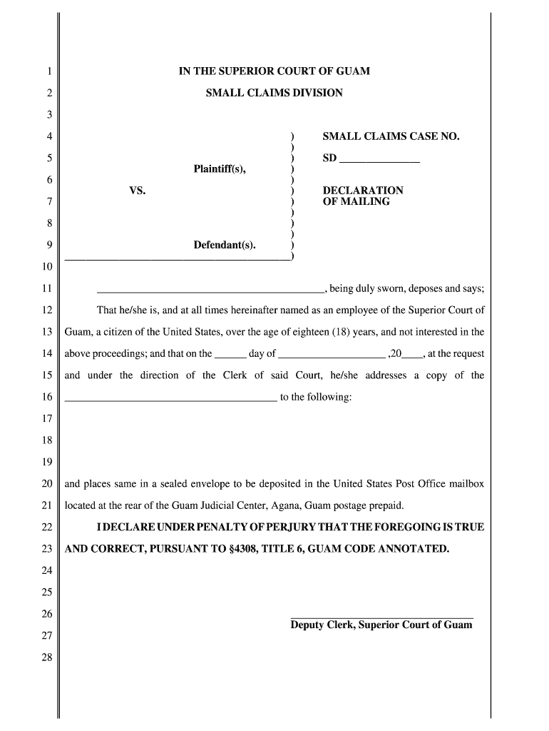 Small Claims Court Declaration of Mailing Declaration of Mailing Guamselfhelp  Form