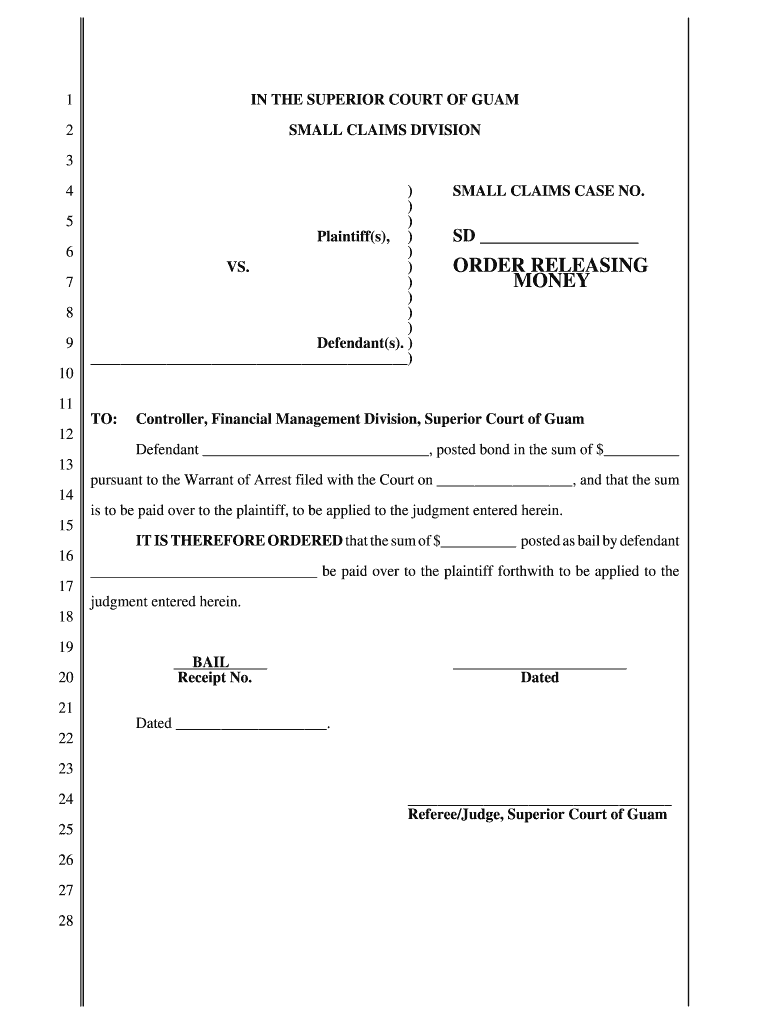 Small Claims Court Order Releasing Money Order Releasing Money Guamselfhelp  Form