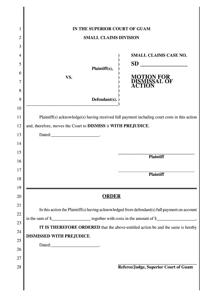 Small Claims Court Motion for Dismissal of Action Motion for Dismissal of Action Guamselfhelp  Form