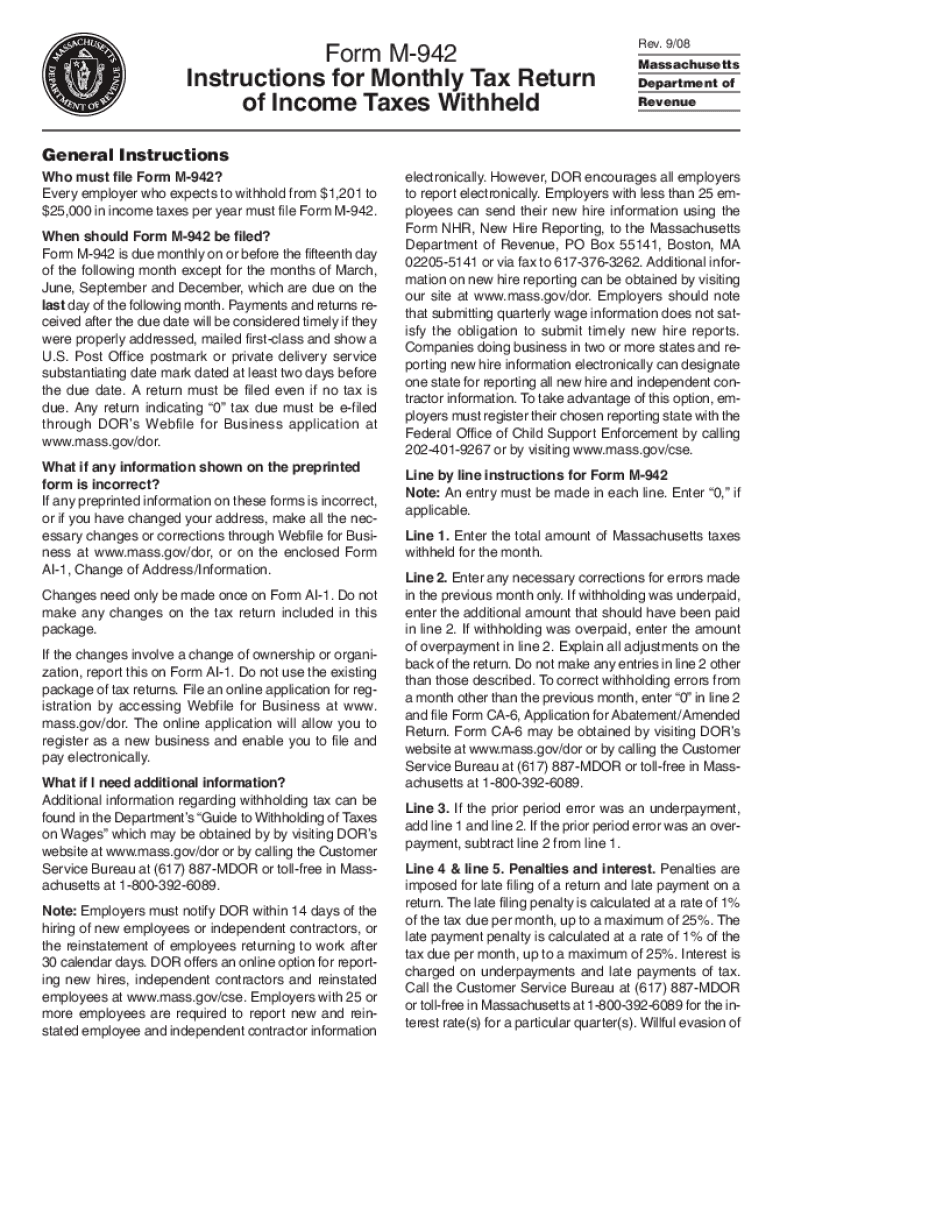  Form M 942 Rev 908 Instructions for Monthly Tax Return 2008-2024