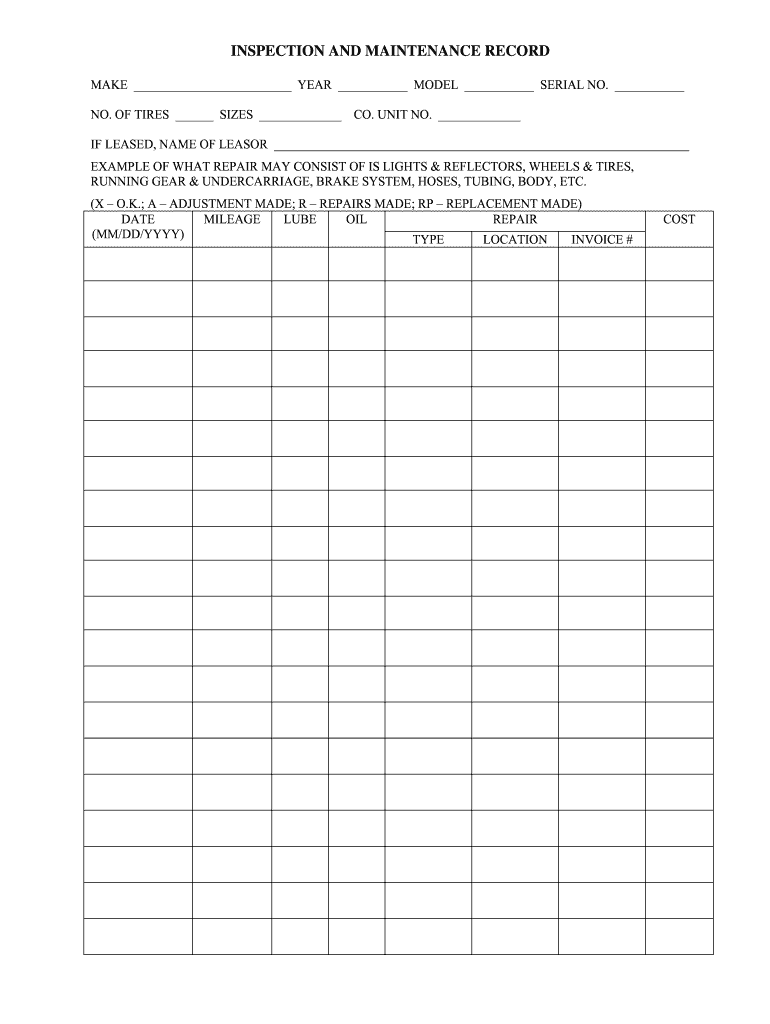 INSPECTION and MAINTENANCE RECORD MODOT  Form