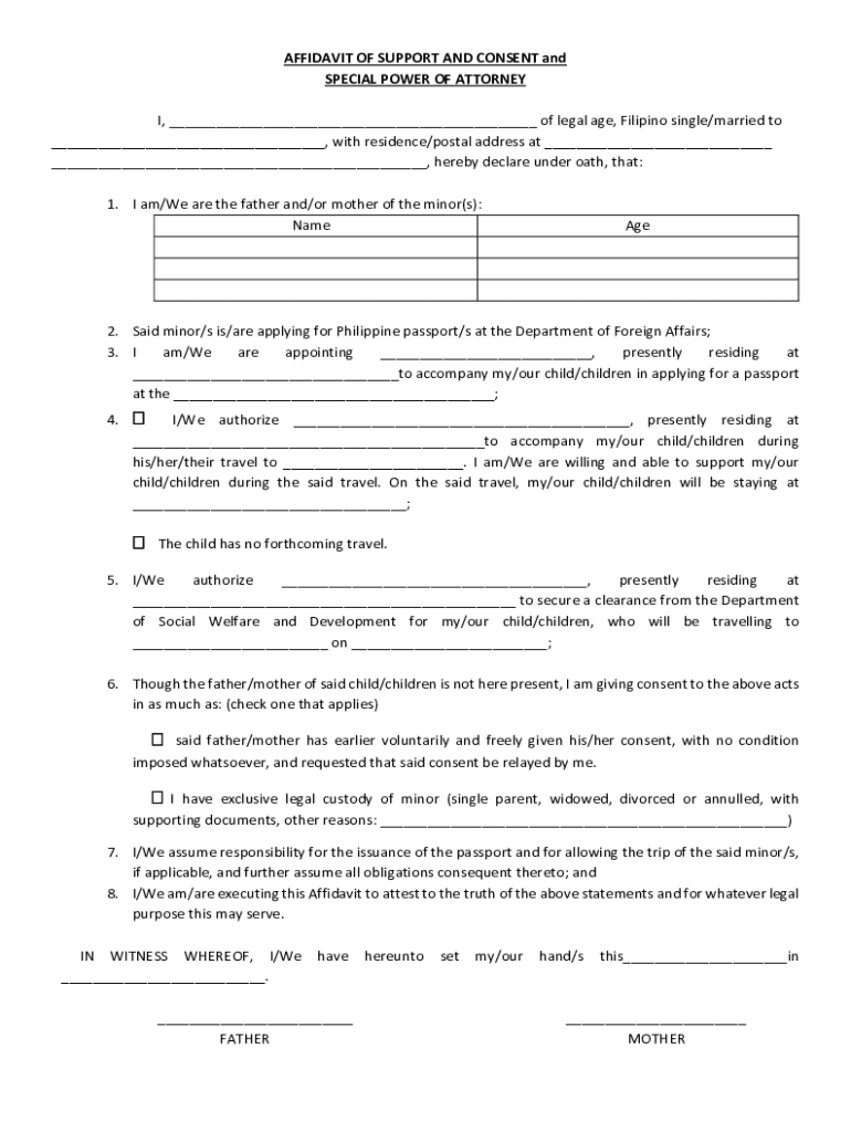  AFFIDAVIT of SUPPORT and CONSENT Philippine Embassy 2018-2024