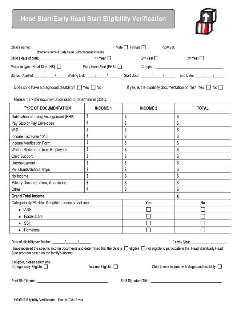 Head StartEarly Head Start Eligibility Verification Region10  Form