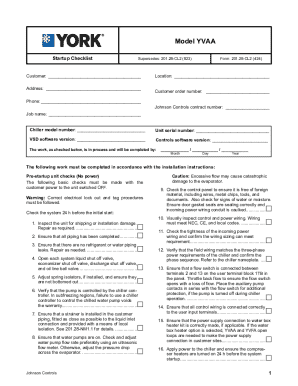 YVAA Air Cooled Screw Liquid Chillers Equipment Pre Startup and Startup Checklist Form 20128 CL2