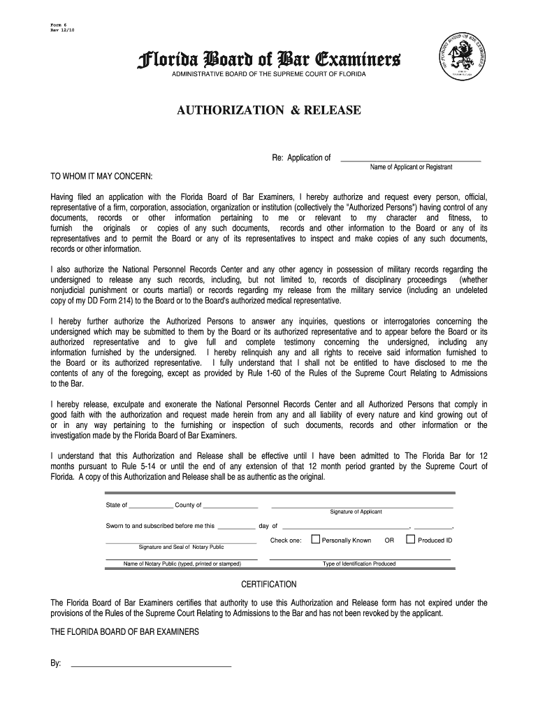 Florida Bar Form Release 2010-2024