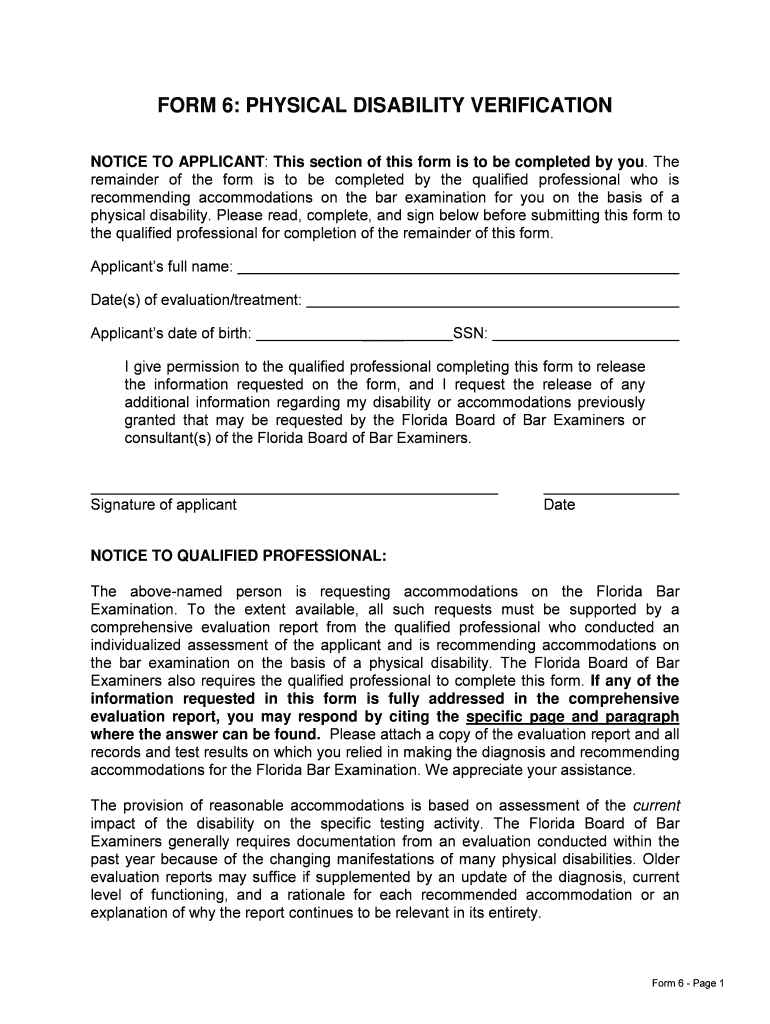 FORM 6 PHYSICAL DISABILITY VERIFICATION