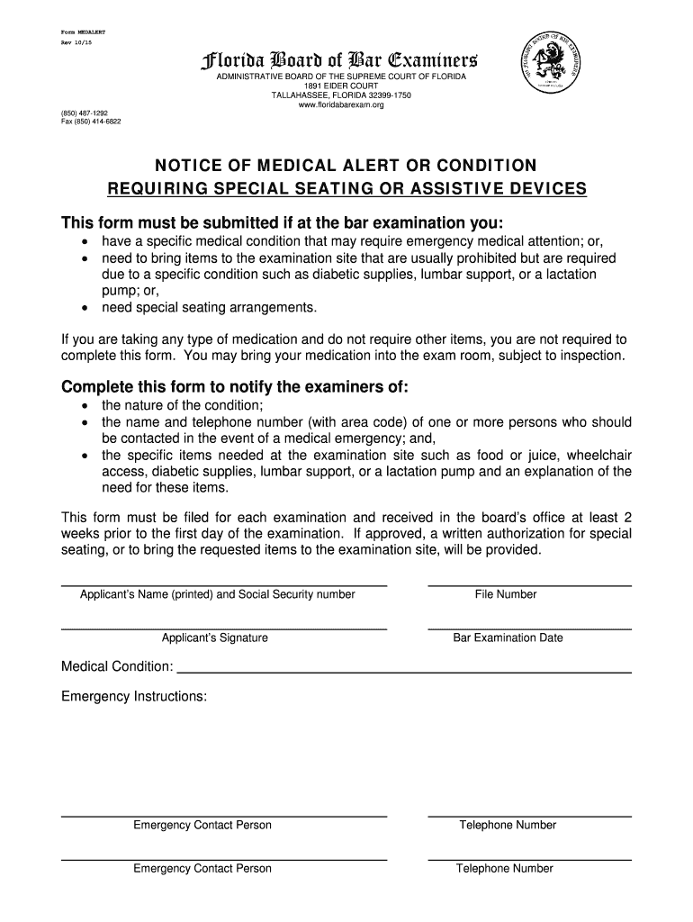  Form MEDALERT Rev 1015 Florida Board of Bar Examiners Floridabarexam 2015