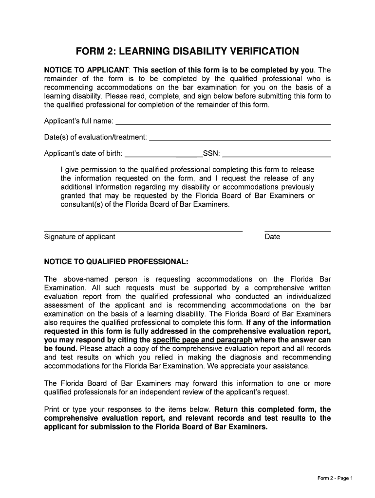 FORM 2 LEARNING DISABILITY VERIFICATION Floridabarexam