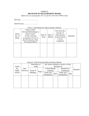 Measurement Book Register  Form