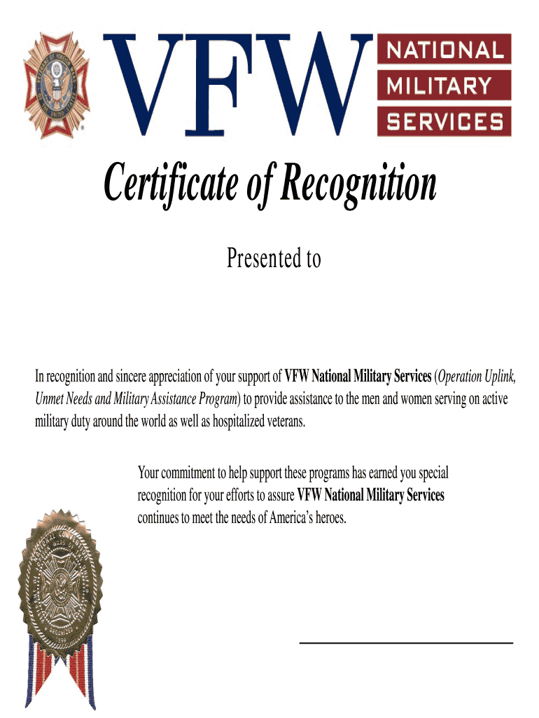 Certificate of Recognition VFW  Form