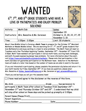 Permission Slip Math Club Mount View Middle School  Form