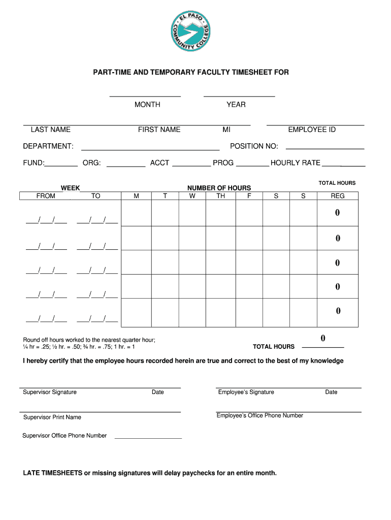 PART TIME and TEMPORARY FACULTY TIMESHEET for Epcc  Form