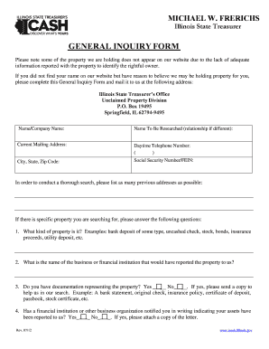 GENERAL INQUIRY FORM Illinois State Treasurer Treasurer Il