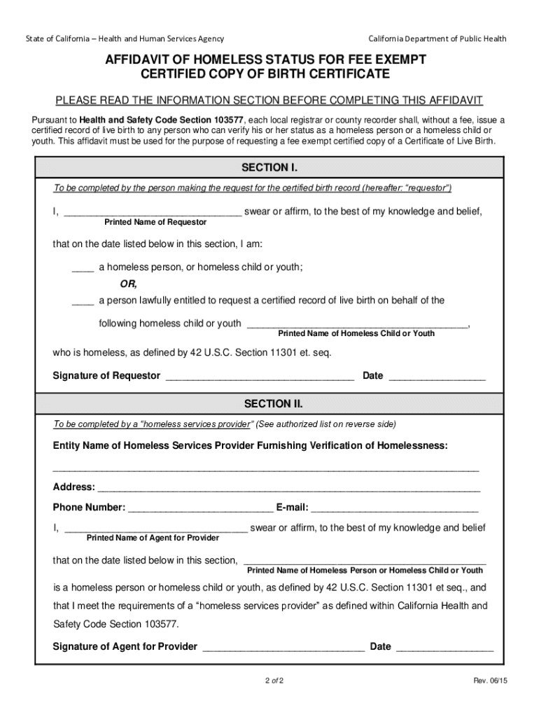  Affidavit of Homeless Status for Fee Exempt Form 2015