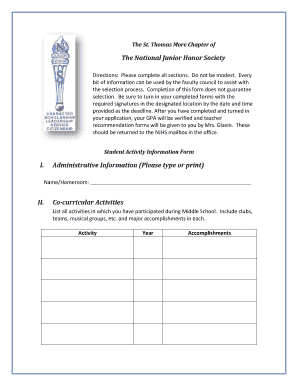 The National Junior Honor Society Student Activity Information Bb