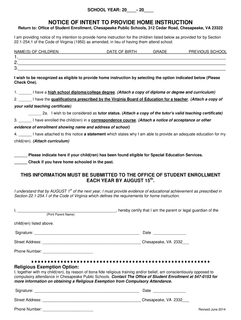 Notice of Intent to Homeschool Va 20142024 Form Fill Out and Sign
