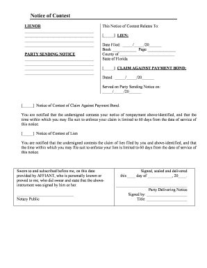 Florida Notice of Contest Form Zlien