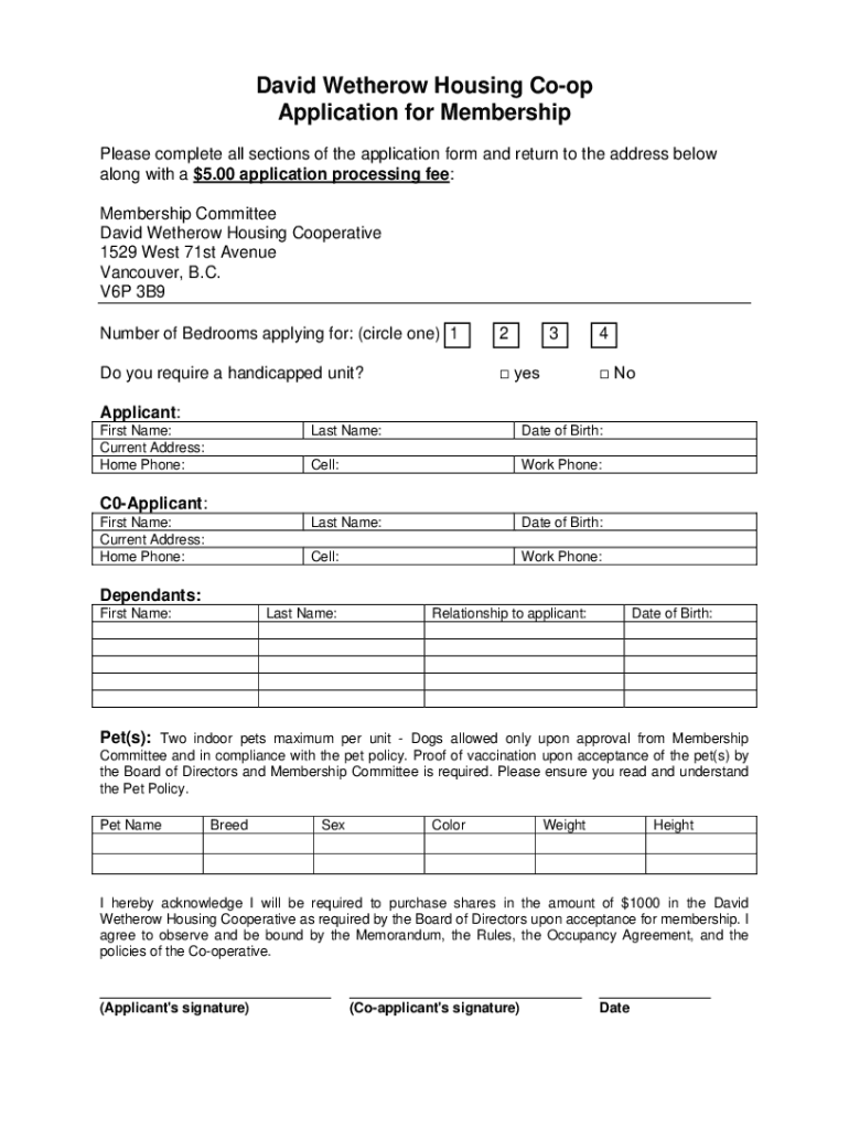 David Wetherow Housing Co Operative  Form