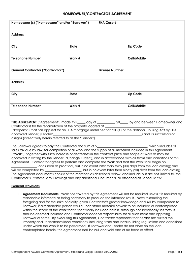 HOMEOWNERCONTRACTOR AGREEMENT Afrwholesalecom  Form