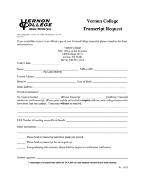 Vernon College Transcript Request  Form