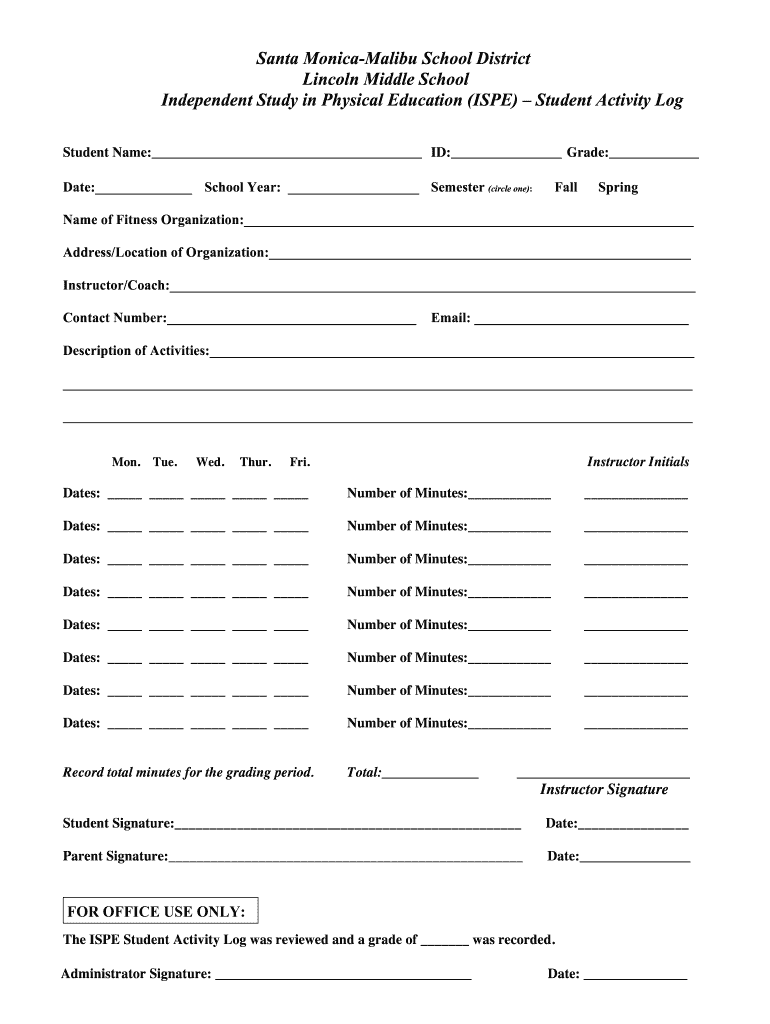 ISPE Activity Log Lincoln Middle School  Form