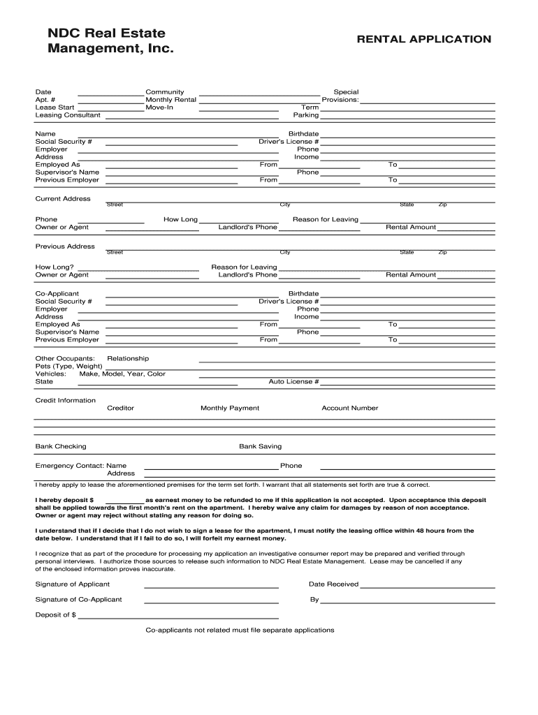 NDC Real Estate RENTAL APPLICATION Management Inc  Form