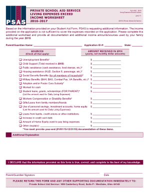 PRIVATE SCHOOL AID SERVICE Form 001 LIVING EXPENSES Psas