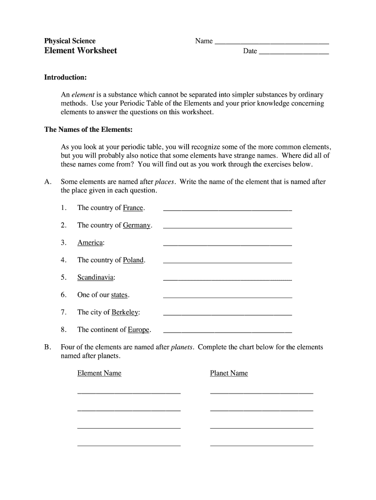 Element Worksheet  Form