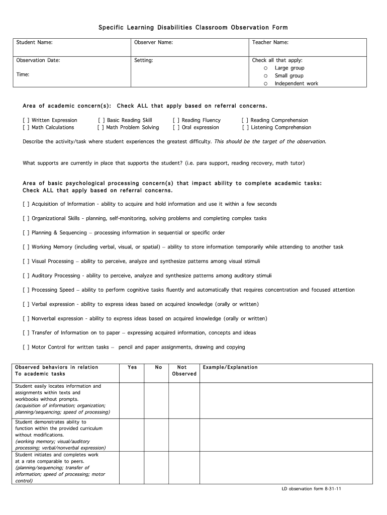 Specific Learning Disability Observation Form