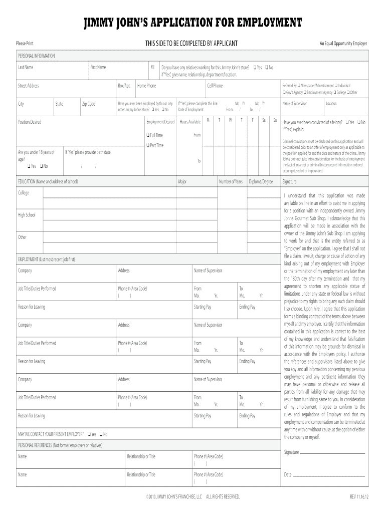 Application Jimmy Johns Print  Form