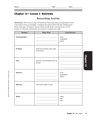 Chapter 10 Nutrition for Health Answer Key  Form