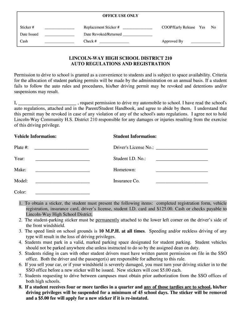 LINCOLN WAY HIGH SCHOOL DISTRICT 210 AUTO REGULATIONS and Lw210  Form