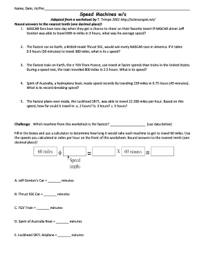 Speed Machines Worksheet Answer Key  Form