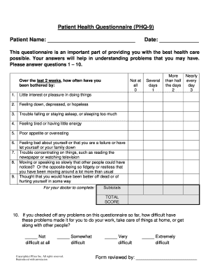 Patient Health Questionnaire PHQ 9 Patient Name Date  Form