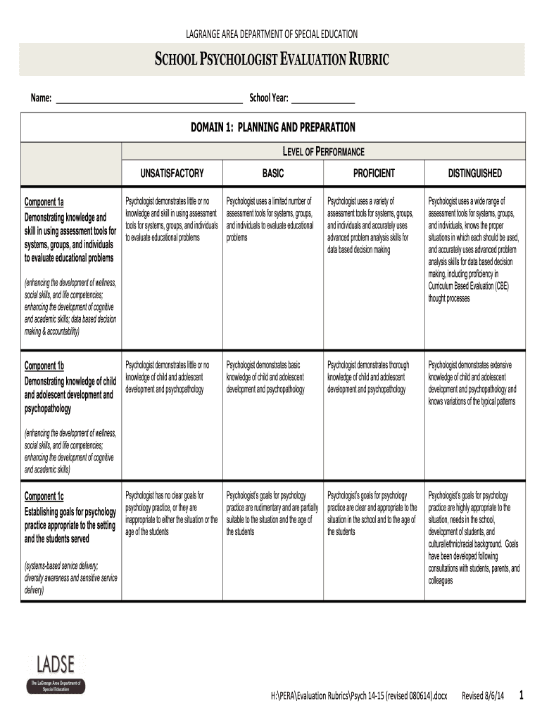  SCHOOL PSYCHOLOGIST EVALUATION RUBRIC Ladse 2014-2024