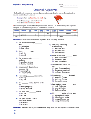 Order of Adjectives Exercises with Answers PDF  Form