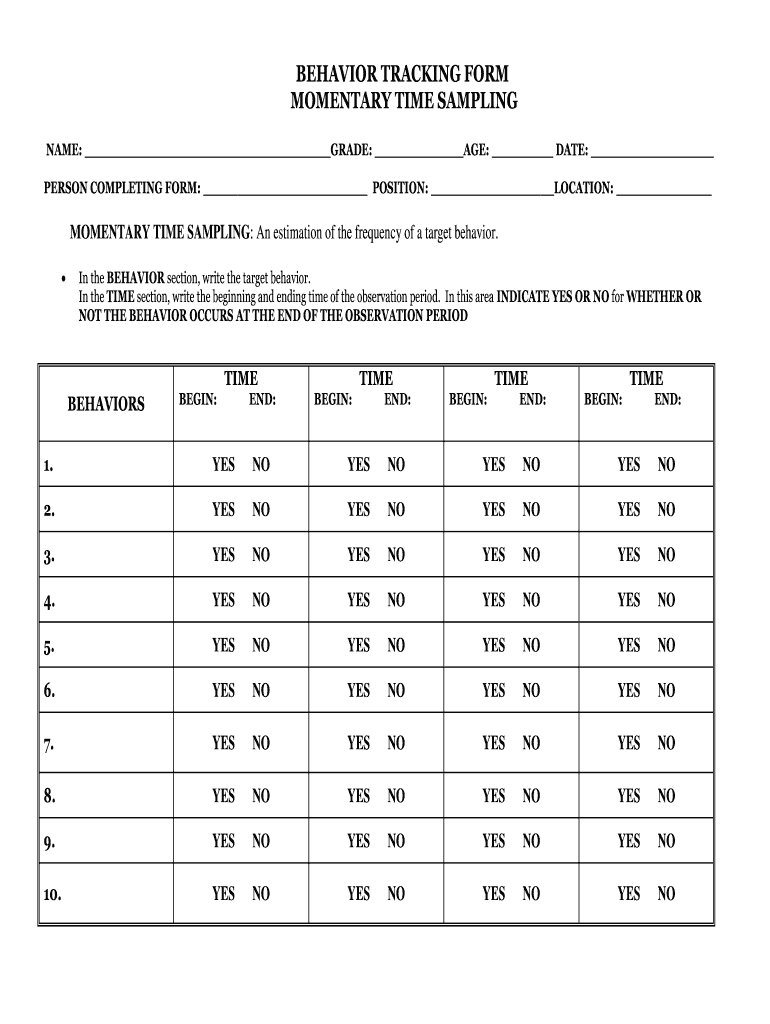 Behavior Tracking Form Momentary Time Sampling Name Grade Age Date Person Completing