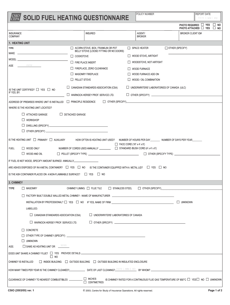 Csio Wood Stove Questionnaire  Form