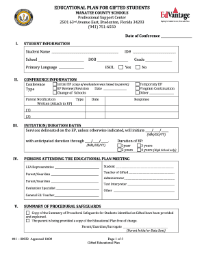 EDUCATIONAL PLAN for GIFTED STUDENTS MANATEE COUNTY  Form