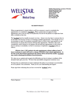 NO SHOW POLICY WellStar Health System Wellstar  Form