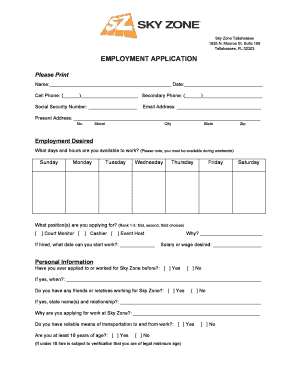 Sky Zone Applications  Form