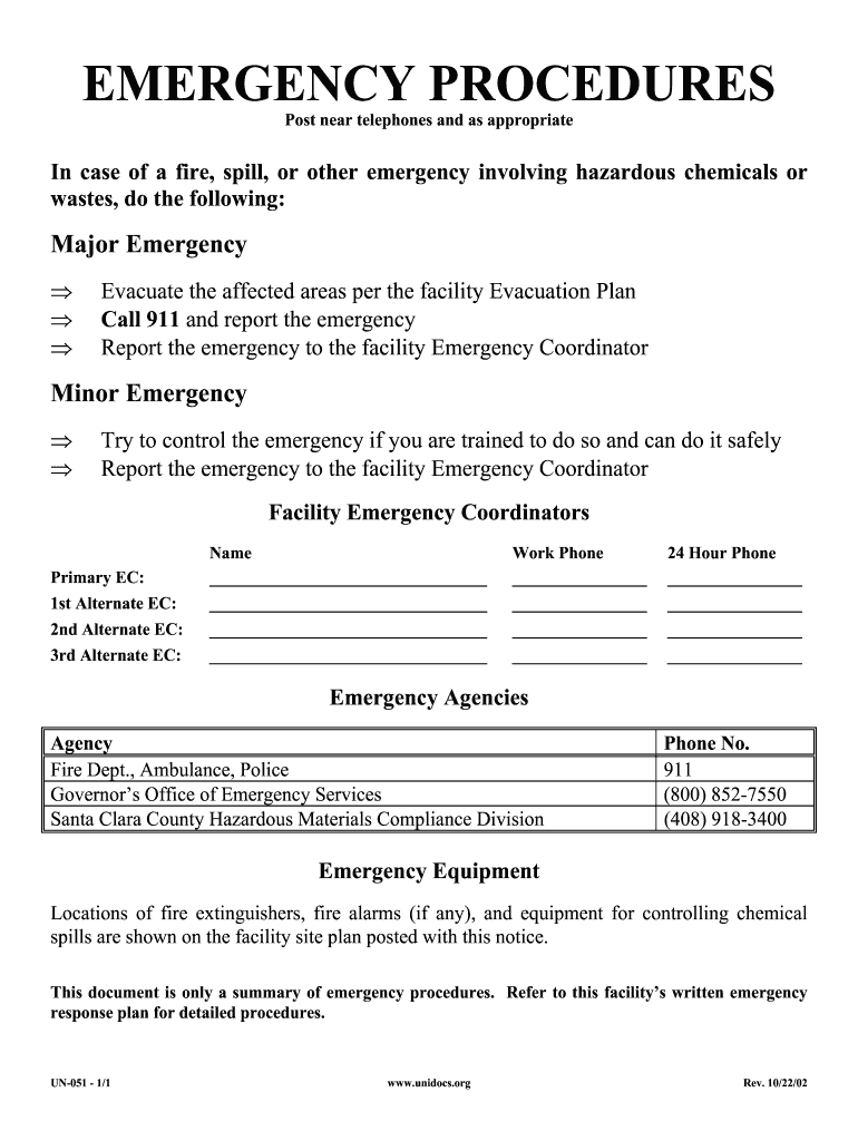 Emergency Procedures This Version Contains Agency Contact Information for Businesses Located within Santa Clara County  Unidocs