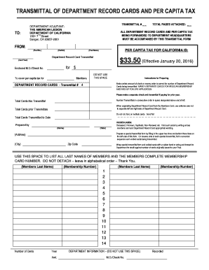 TRANSMITTAL DEPARTMENT RECORD CARDS and PER CAPITA TAX Calegion  Form