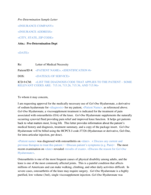 Gel One Hyaluronate Cross Linked Sample Letter for Pre Determination Gel One Hyaluronate Cross Linked Sample Letter for Pre Dete  Form