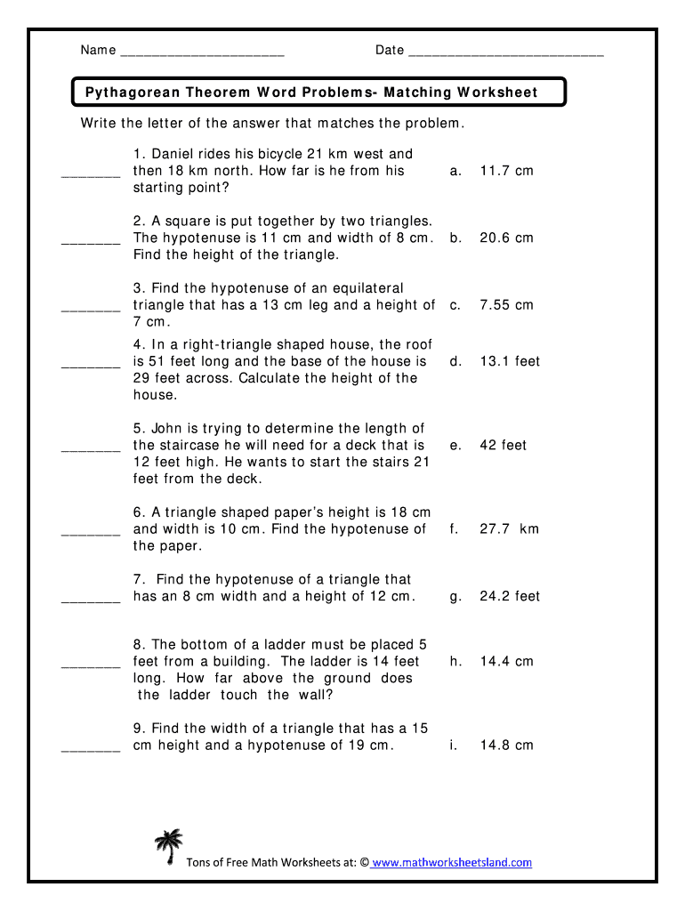 Pythagorean Theorem Word Problems Matching Worksheet Answer Key  Form