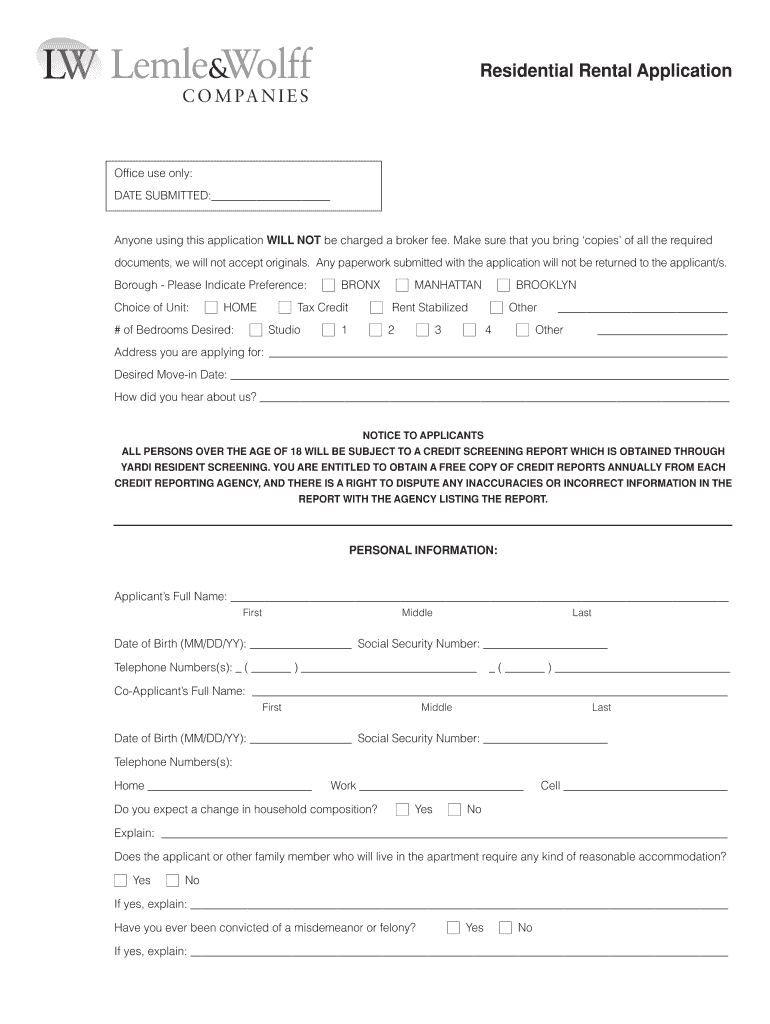 Rental Application Form Lemle Wolff