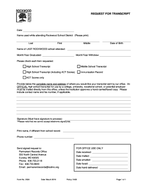 Rockwood School District Transcript Request  Form